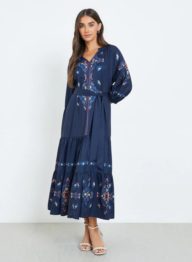 Styli Women Navy Blue Floral Print Tiered Midi Dress